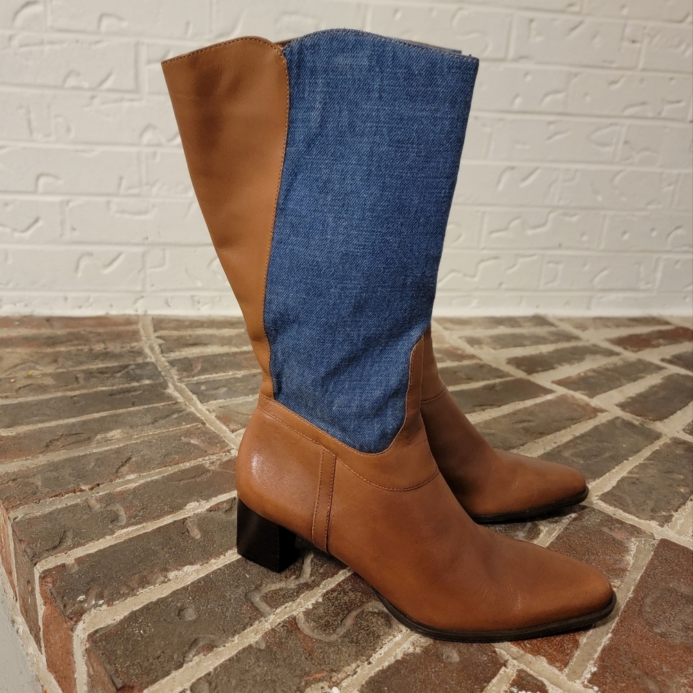 vintage new caramel brown tan leather boots denim 80s 90s knee pointed toe 8
